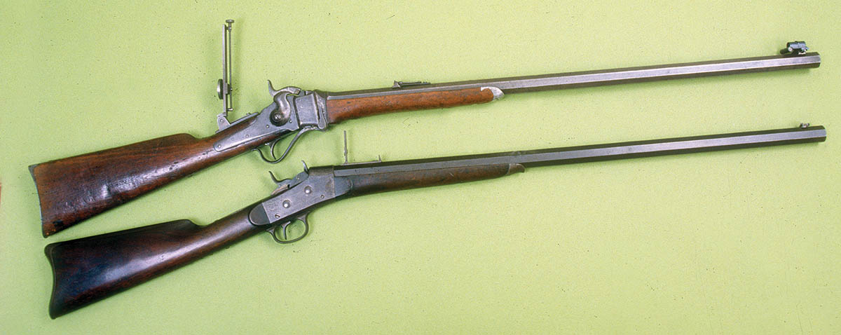 These two rifles for the .44-21⁄4 Inch (.44-77) include a Sharps Model 1874 (top) and a Remington No. 1 rolling block Sporting Rifle (bottom).